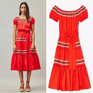 XL Tory Burch Embroidered Red Puff Sleeve Dress